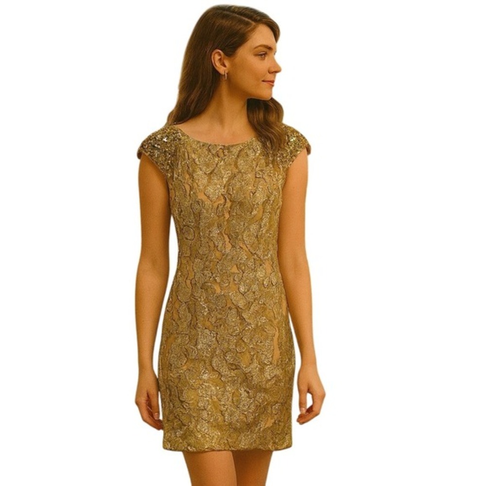 Camille La Vie Metallic Gold Lace Cap-Sleeve Mini Dress